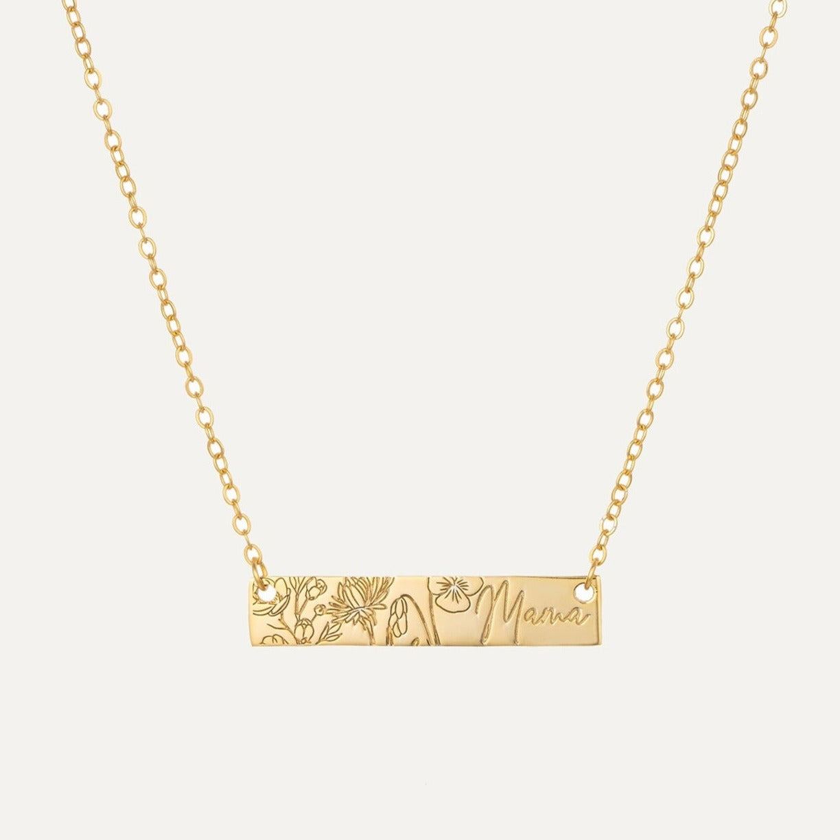 Birth Flower Bar Necklace featured in All You Need to Know About Birth Flower Jewelry