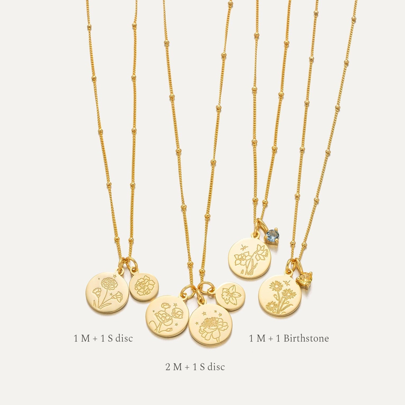 Birth Flower Disc Necklace featured in Frequently Asked Questions About Customizing Birth Flower Jewelry