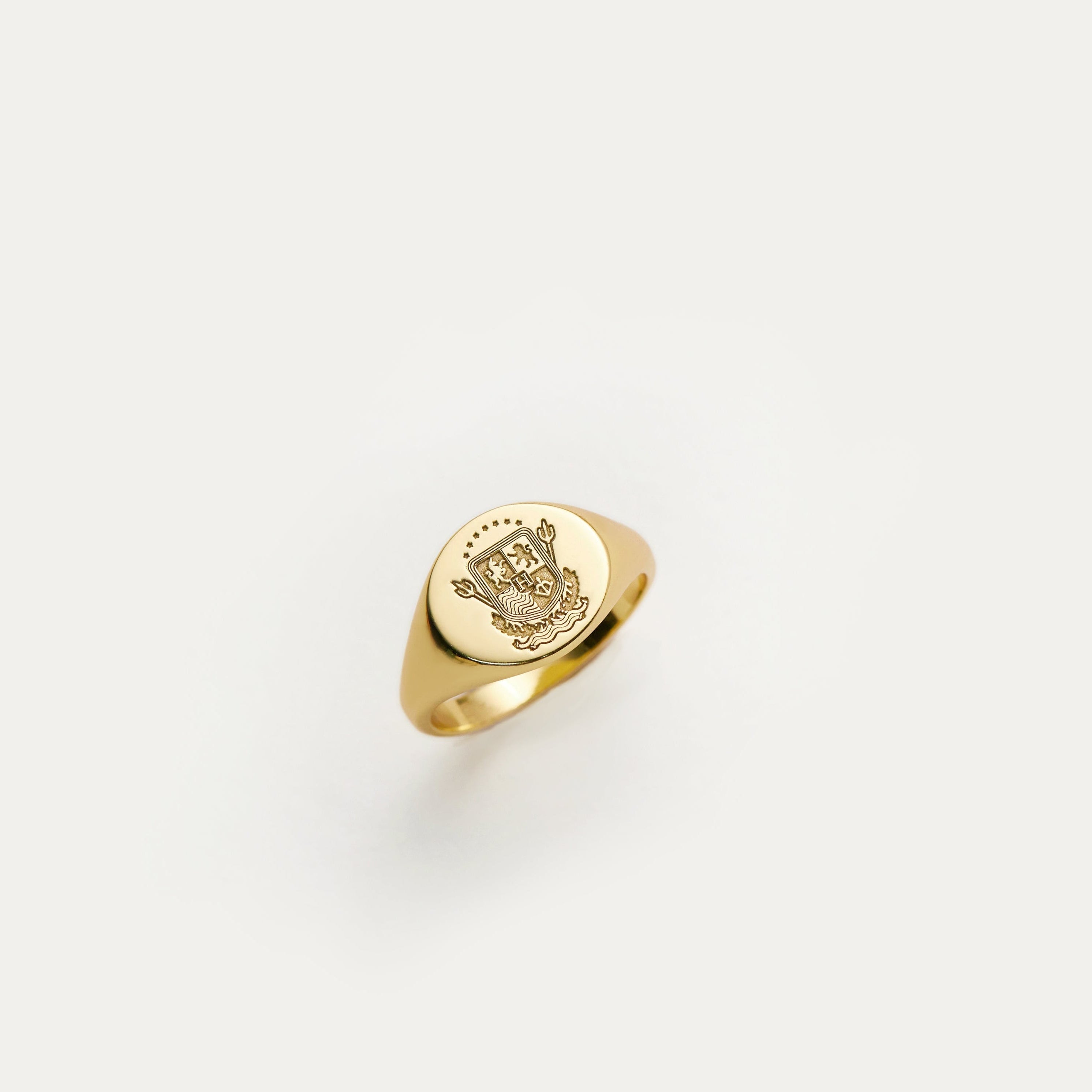 Personalized family crest signet ring shown from the engraved face and band