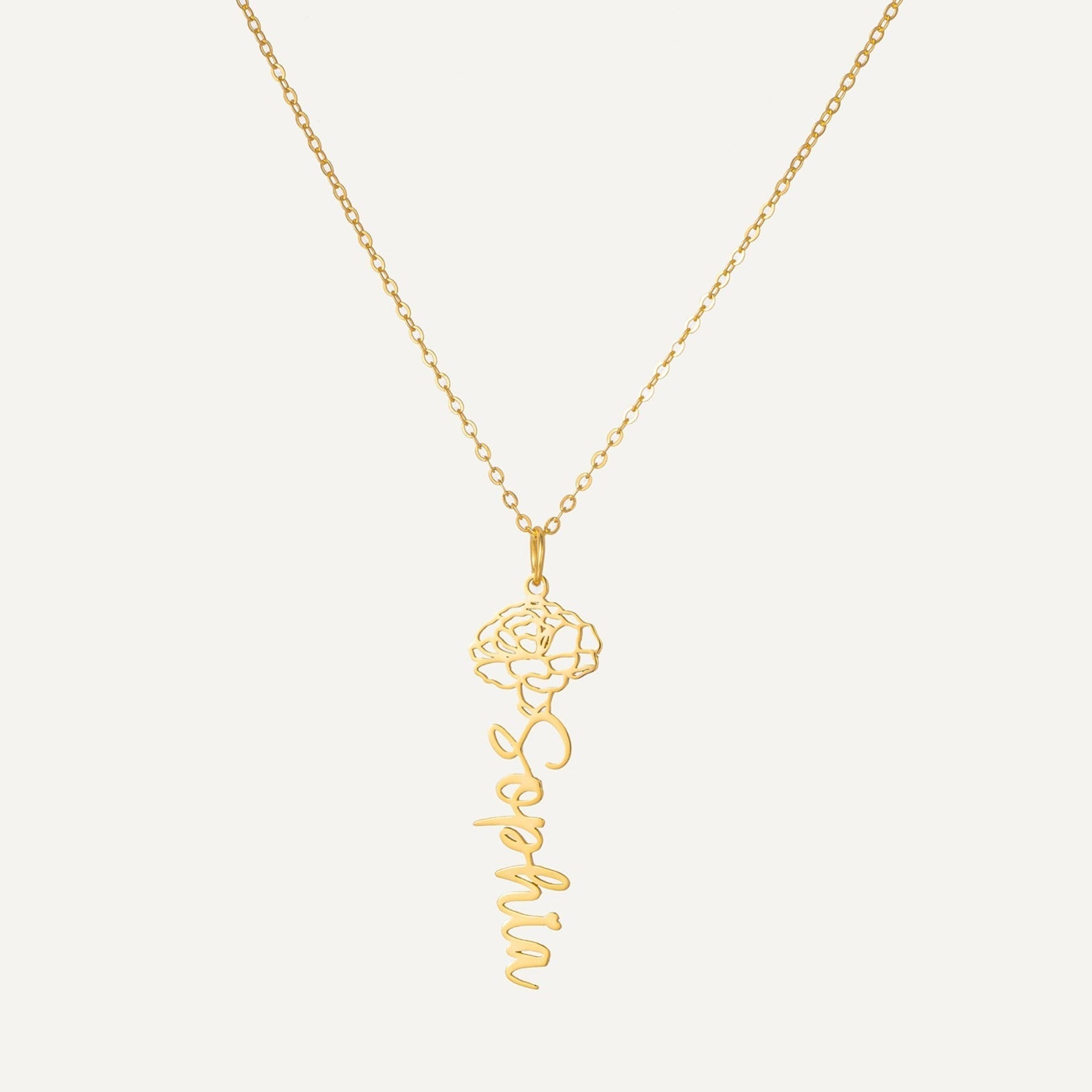 Floral Name Necklace featured in Pairing Birth Flowers with Other Personalized Symbols: A Guide to Customized Jewelry