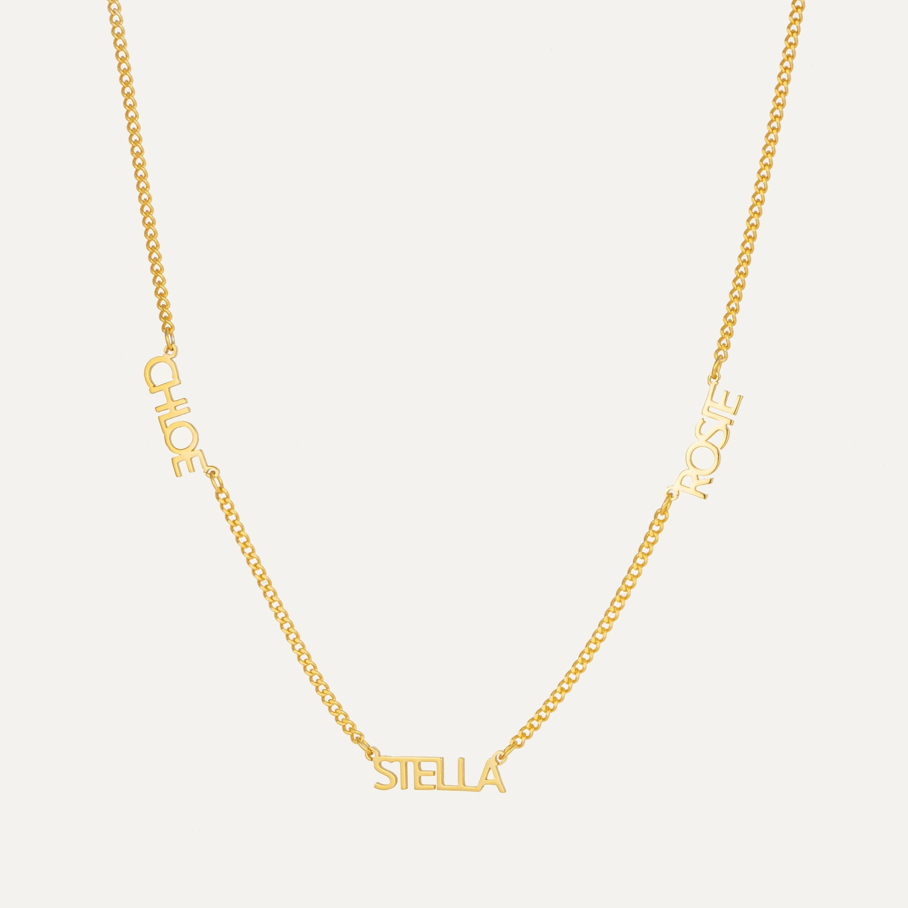 Minimalist Multi Name Necklace in Curb Chain featured in Minimalist Personalized Jewelry That Stays Clean