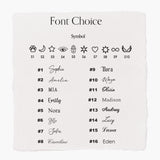 a list of names and symbols, likely representing a font choice or personalization for a name or symbol.