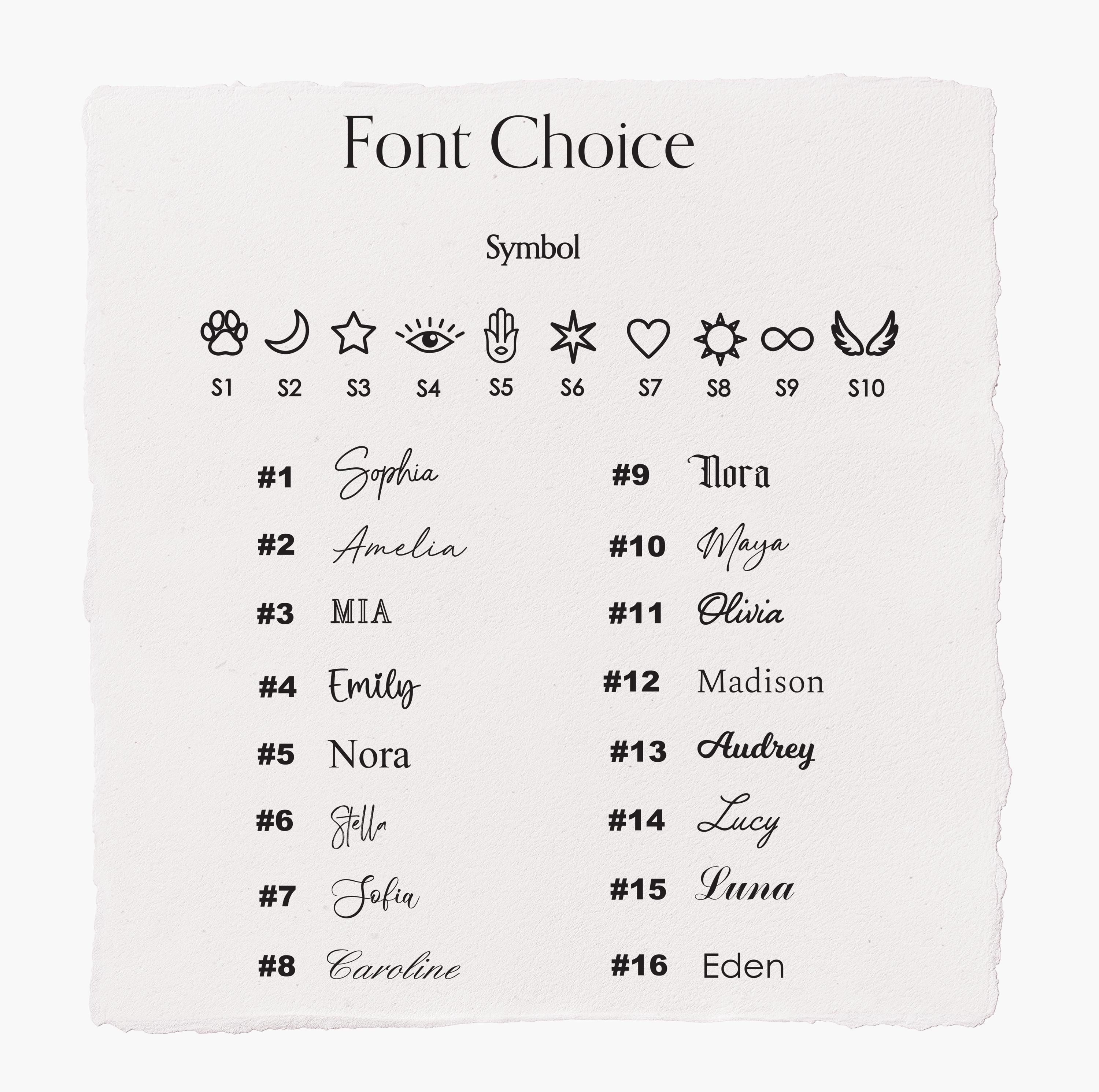 a list of names and symbols, likely representing a font choice or personalization for a name or symbol.