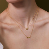 Close-up of a person wearing a delicate gold necklace with a small pendant on a neutral background
