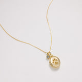 Gold necklace with a paw print pendant on a light gray background