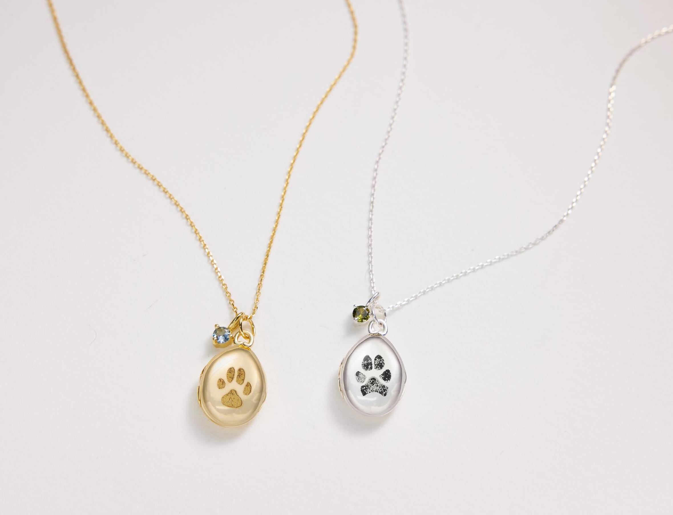 Two necklaces with paw print pendants on a light gray background